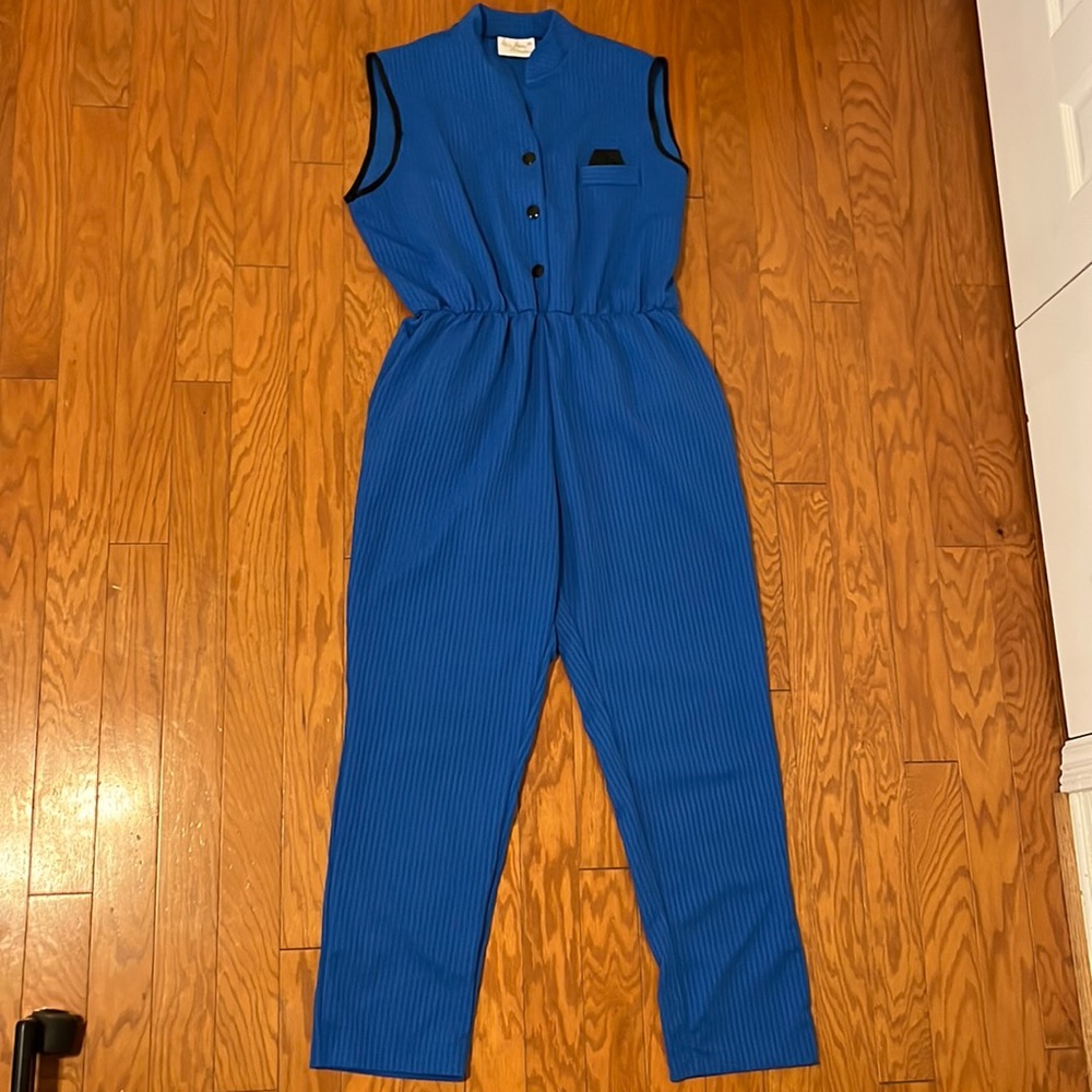 Vintage 80’s Blue & Black Short Sleeved Jumpsuit by Miss Mary Of Sweden/ Pockets